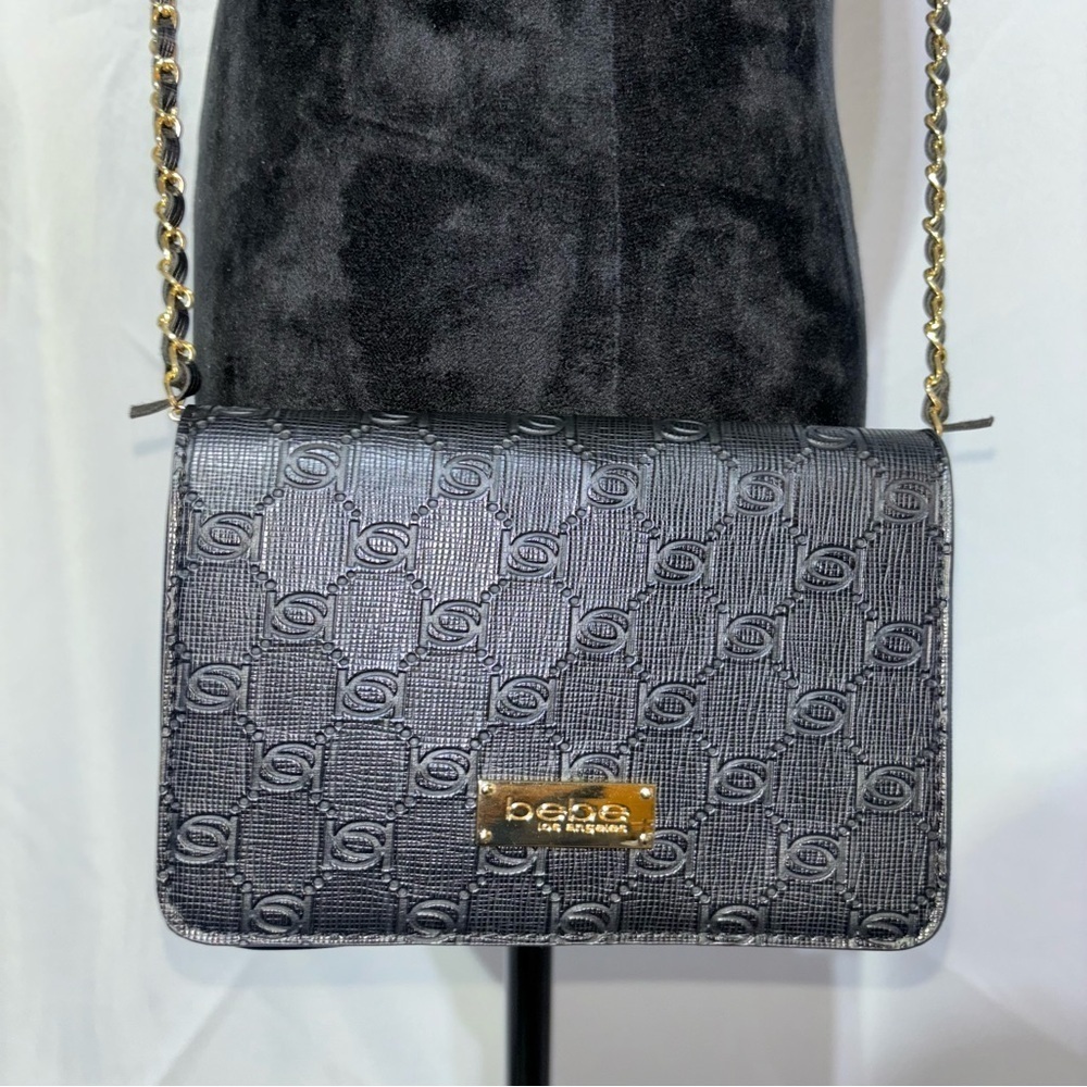 Bebe Black Los Angeles Snap Logo Embossed Crossbody Faux Leather and Chain Bag